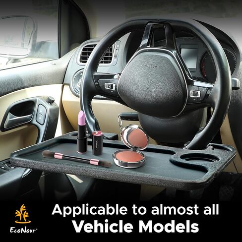 EcoNour 2 in 1 Car Steering Wheel Desk (Beige) | Steering Wheel Tray for Laptop Car Mount with Pen Holder | Car Food Tray for Eating with Drinks Holder | Multipurpose Travel Car Accessories in Kuwait