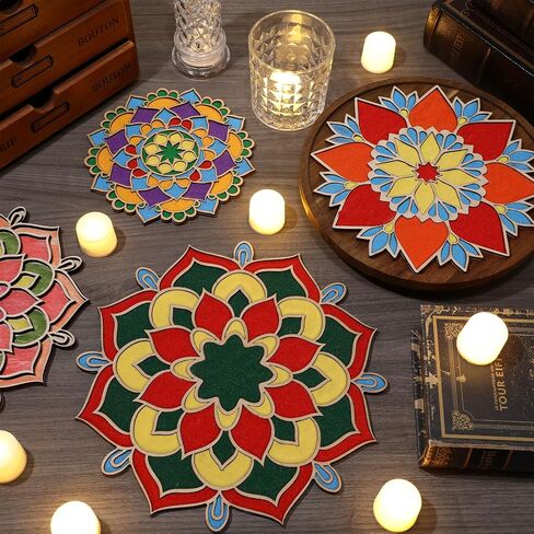 9 Pcs 7" 9" 11" Diwali Mandala Sand Art Kit Reusable Rangoli Mats for Decoration Wooden DIY Floral Rangoli Stencils with Brush for Home Indian Festivals Party Decoration Supplies(No Sand) in Saudi Arabia