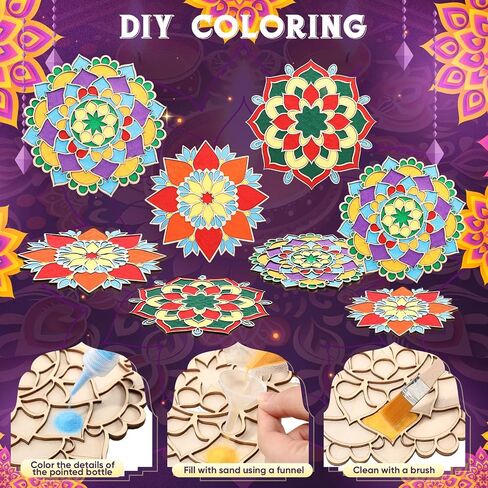 9 Pcs 7" 9" 11" Diwali Mandala Sand Art Kit Reusable Rangoli Mats for Decoration Wooden DIY Floral Rangoli Stencils with Brush for Home Indian Festivals Party Decoration Supplies(No Sand) in Saudi Arabia