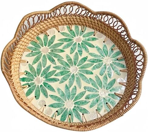 Handmade Scalloped Edge Rattan Tray, Decorative Round Basket Tray for Coffee Table, Bathroom Counter, Kitchen Decor for Counter, and Dining Room Decor (Green Flowers) in Saudi Arabia