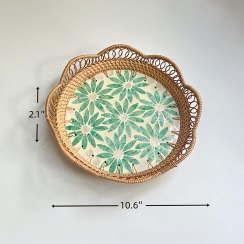 Handmade Scalloped Edge Rattan Tray, Decorative Round Basket Tray for Coffee Table, Bathroom Counter, Kitchen Decor for Counter, and Dining Room Decor (Green Flowers) in Saudi Arabia