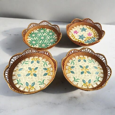 Handmade Scalloped Edge Rattan Tray, Decorative Round Basket Tray for Coffee Table, Bathroom Counter, Kitchen Decor for Counter, and Dining Room Decor (Green Flowers) in Saudi Arabia