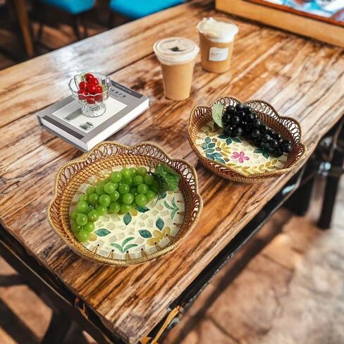 Handmade Scalloped Edge Rattan Tray, Decorative Round Basket Tray for Coffee Table, Bathroom Counter, Kitchen Decor for Counter, and Dining Room Decor (Green Flowers) in Saudi Arabia