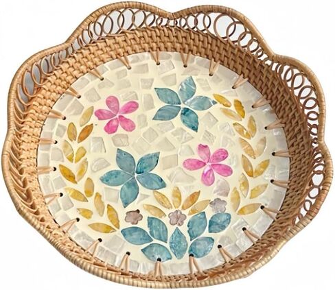 Handmade Scalloped Edge Rattan Tray, Decorative Round Basket Tray for Coffee Table, Bathroom Counter, Kitchen Decor for Counter, and Dining Room Decor (Green Flowers) in Saudi Arabia
