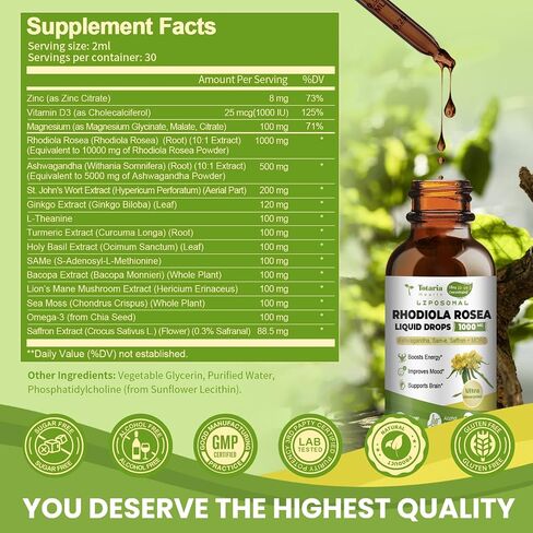 Liposomal Rhodiola Rosea Tincture 16 in 1, w/Ashwagandha, L-Theanine, Saffron, Ultra Strength Rhodiola Supplement, Rhodiola Root Extract 10:1 Liquid Drops for Natural Relaxation, Mood, Energy in Saudi Arabia