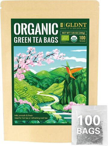 GLDNT Organic Green Tea Bags, Natural Pure Organic Green Tea, Super Antioxidant, Caffeinated, 100 Count in Saudi Arabia