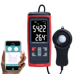 Light Meter Data Logger, Bluetooth Digital Illuminance Light Meter 0~200000 Measure Range Lux Meter with Corded Light Sensor, Handheld Ambient Temperature Measurer Luxmeter with Large LCD Screen