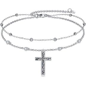 LUHE Cross Ankle Bracelets Sterling Silver Religius Double Chain Anklets Christian Baptism Layered Anklet Jewelry Gifts for Women Girls
