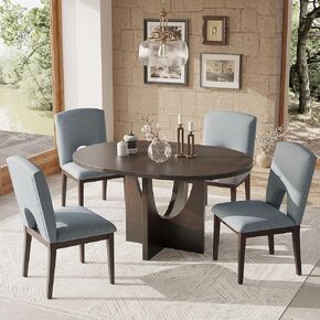 Merax Dining Table Set for 6 with 18" Removable Leaf, 6-Piece Farmhouse Kitchen Table Set, Solid Wood Dining Room Table & Chairs Set of 6, Upholstered Chairs & Bench, 78" Extendable Pedestal, Brown
