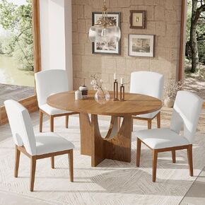 Merax Dining Table Set for 6 with 18" Removable Leaf, 6-Piece Farmhouse Kitchen Table Set, Solid Wood Dining Room Table & Chairs Set of 6, Upholstered Chairs & Bench, 78" Extendable Pedestal, Brown