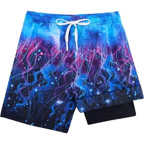 Boy's Swim Trunks Size 18 Waterproof Tropical Blue Palm Tree Kids Running Cycling Swim Board Shorts Child Bathing Suits with Inner Pocket Summer Compression Liner Swimming Suit 18 20