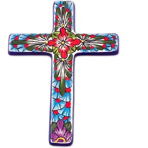 NOVICA Artisan Handmade Ceramic Wall Cross with Multicolored Motifs from Mexico Decor Christian Floral Talavera 'Red Lily'