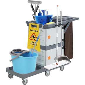Garvee Commercial Janitorial Cart with 2 Cabinet, Commercial Traditional Janitorial 3-Shelf Cleaning Cart on Wheels with Cover and Vinyl Bag, Custodial Cart, Housekeeping Carts for Hotels Apartment