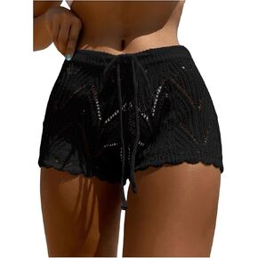 Women's Drawstring Waist Crochet Cover Up Shorts Tie Front Hollow Out Bottom