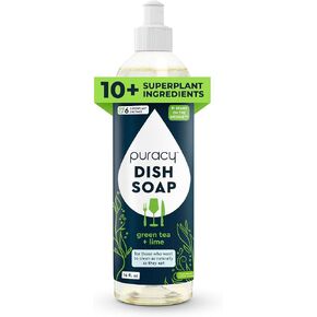 Puracy Dish Soap, Green Tea & Lime, Care for Your Dishes and Your Hands, 99.96% Plant-Based, Natural Liquid Dishwashing Detergent, Skin Friendly Sulfate-Free Kitchen Soap, 16 Fl Oz (Pack of 3)