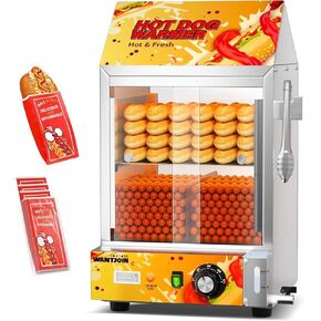 Hot Dog Steamer, Adjustable Temperature 2-Tier Electric Hot Dog Steamer with Bun Warmer, 24.52 QT, Visible Glass Sliding Door and Water Level Line, Suitable for Steaming 175 Hot Dogs &40 Buns
