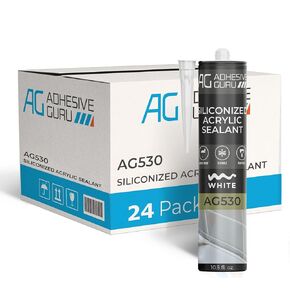 Adhesive Guru AG530 Siliconized Acrylic Sealant (12x10.5 fl oz), Waterproof Paintable Caulk for Bathtubs, Windows, Showers, Indoor Outdoor Caulking Weatherproof, White - 12 Pack
