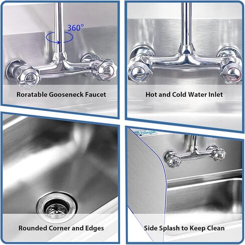 حوض من الفولاذ المقاوم للصدأ مع صنبور، حوض يد تجاري مثبت على الحائط لغسيل المطاعم والمطبخ والمنزل، مقاس 17 × 15 بوصة in Kuwait