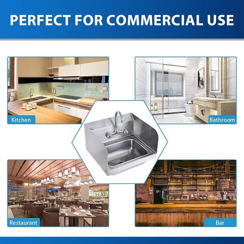 حوض من الفولاذ المقاوم للصدأ مع صنبور، حوض يد تجاري مثبت على الحائط لغسيل المطاعم والمطبخ والمنزل، مقاس 17 × 15 بوصة in Kuwait