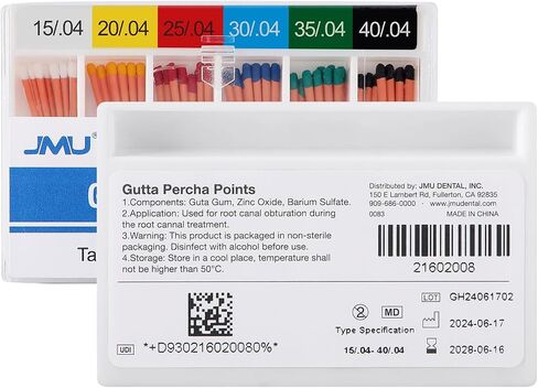 JMU Dental Gutta Percha Points .02 مستدق، #15، صندوق مقاوم للانسكاب، 120 قطعة in Kuwait