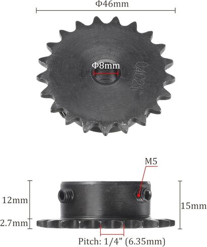 Roller Sprocket B Type - [21 Tooth x 8mm ID] Carbon Steel with 2pcs Screw Chain Sprocket for Milling Drilling Machines ISO 04C Use | 1/4 Inch Pitch, 25 Chain in Saudi Arabia