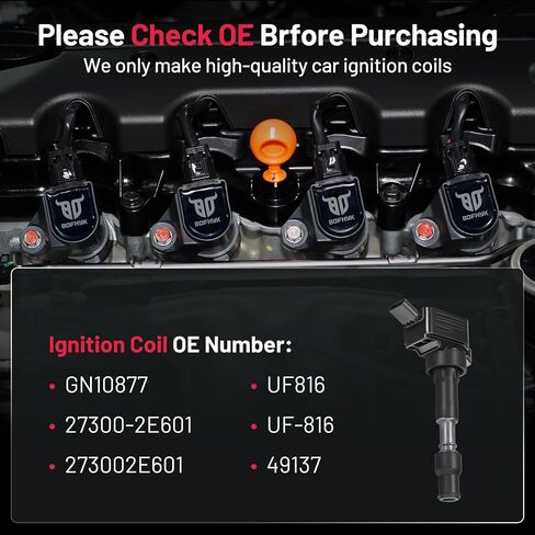 BDFHYK حزمة ملف الإشعال UF764 مجموعة من 4 متوافقة مع Genesis G70 G80 G90 Santa Fe Sonata Tucson Veloster N Kia Optima Sorento Sportage Stinger 2.0L 2.4L 3.3L 5.0L L4 V6 V8 لاستبدال GN10730 in Saudi Arabia