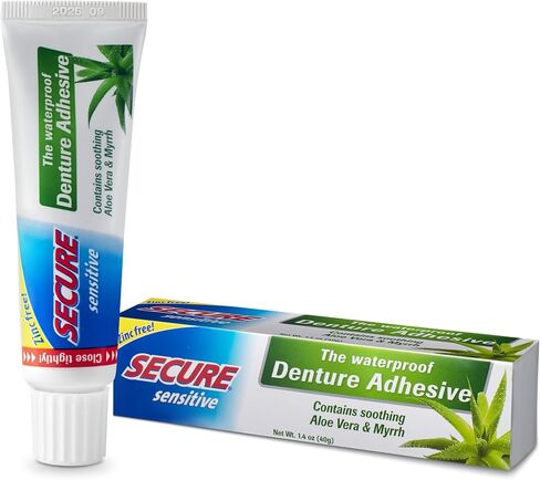 Secure Sensitive Gums Waterproof Denture Adhesive Zinc Free with Aloe Vera & Myrrh - Extra Strong 12 Hour Hold - 1.4 oz in Saudi Arabia