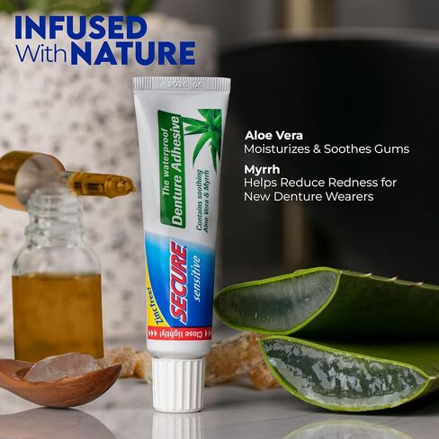 Secure Sensitive Gums Waterproof Denture Adhesive Zinc Free with Aloe Vera & Myrrh - Extra Strong 12 Hour Hold - 1.4 oz in Saudi Arabia