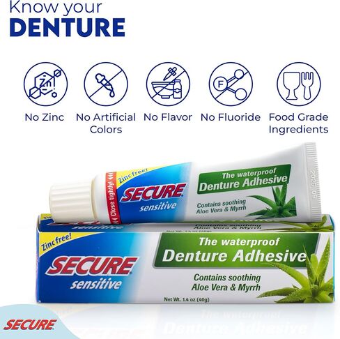 Secure Sensitive Gums Waterproof Denture Adhesive Zinc Free with Aloe Vera & Myrrh - Extra Strong 12 Hour Hold - 1.4 oz in Saudi Arabia
