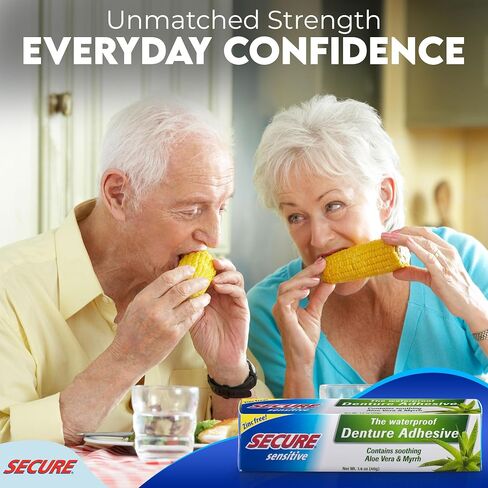 Secure Sensitive Gums Waterproof Denture Adhesive Zinc Free with Aloe Vera & Myrrh - Extra Strong 12 Hour Hold - 1.4 oz in Saudi Arabia