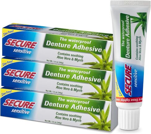 Secure Sensitive Gums Waterproof Denture Adhesive Zinc Free with Aloe Vera & Myrrh - Extra Strong 12 Hour Hold - 1.4 oz in Saudi Arabia