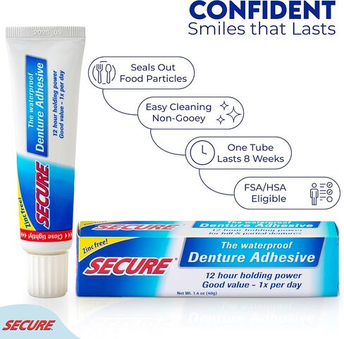 Secure Sensitive Gums Waterproof Denture Adhesive Zinc Free with Aloe Vera & Myrrh - Extra Strong 12 Hour Hold - 1.4 oz in Saudi Arabia