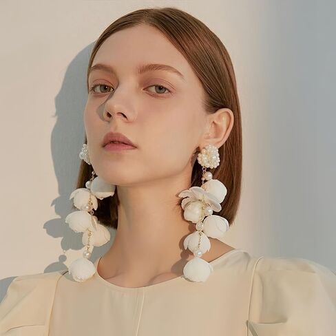 Long Flower Pearl Dangle Earrings for Women Mesh Floral Tassel Drop Earrings for Girls Bride Wedding Jewelry Gift in Saudi Arabia