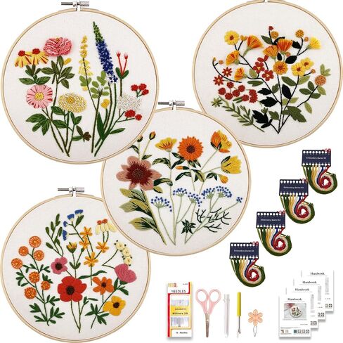 VIVIDOX 4 Sets Embroidery Kit for Beginners with Stitch Video, Cross Stitch Kits for Adults Practice, Starters, Hand Craft Lover with Embroidery Cloth, Hoop, Threads, Scissors, Tools & Instruction in Saudi Arabia