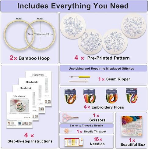VIVIDOX 4 Sets Embroidery Kit for Beginners with Stitch Video, Cross Stitch Kits for Adults Practice, Starters, Hand Craft Lover with Embroidery Cloth, Hoop, Threads, Scissors, Tools & Instruction in Saudi Arabia