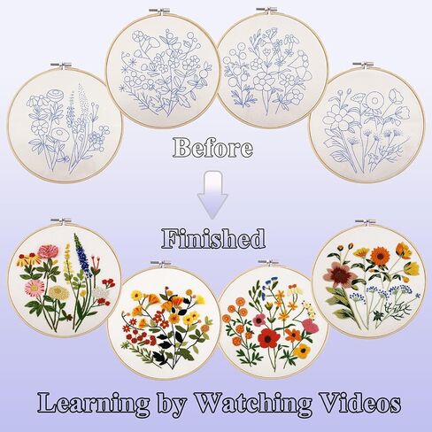 VIVIDOX 4 Sets Embroidery Kit for Beginners with Stitch Video, Cross Stitch Kits for Adults Practice, Starters, Hand Craft Lover with Embroidery Cloth, Hoop, Threads, Scissors, Tools & Instruction in Saudi Arabia