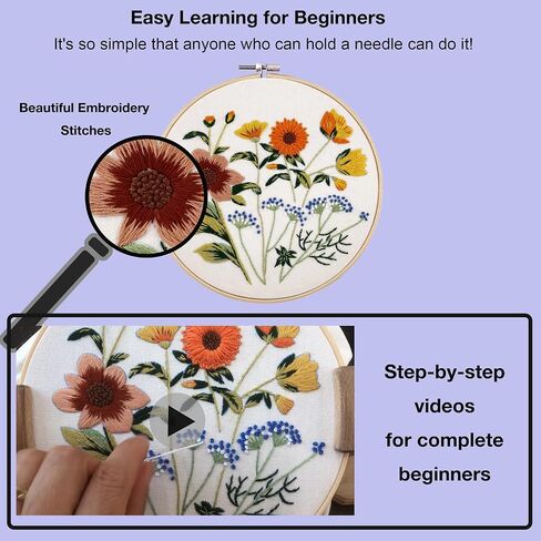 VIVIDOX 4 Sets Embroidery Kit for Beginners with Stitch Video, Cross Stitch Kits for Adults Practice, Starters, Hand Craft Lover with Embroidery Cloth, Hoop, Threads, Scissors, Tools & Instruction in Saudi Arabia