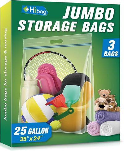 HIBAG 25 Gallon Jumbo Storage Bags, 35" x 24" Resealable Ziplock Clear Bags with Handle, Extra Large XL Heavy Duty for Clothes Pillow Travel Moving, Pack of 3 in Kuwait