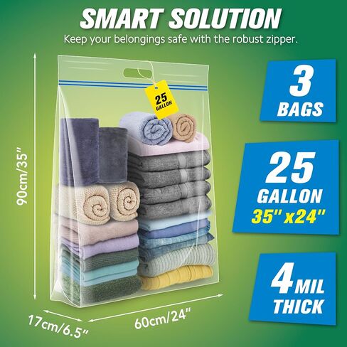 HIBAG 25 Gallon Jumbo Storage Bags, 35" x 24" Resealable Ziplock Clear Bags with Handle, Extra Large XL Heavy Duty for Clothes Pillow Travel Moving, Pack of 3 in Kuwait