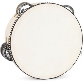 LIEKE Tambourine 10 Inch Hand Held Drum for Adult kids with 8 Pairs Metal Jingles Goatskin Drumhead for Music Classroom Dance Party Church Game Props