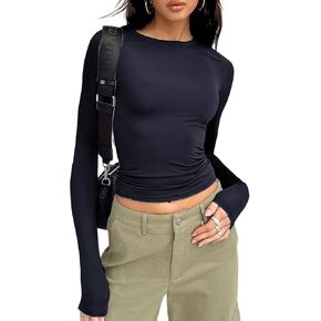 Y2K Skim Dupes Tops for Women Long Sleeve Crew Neck Slim Fit Tight Cropped Shirt Workout Yoga Top Grey L