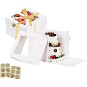 2 Pack White Tall Cake Boxes with Ribbons 10x10x10 inch Large Bakery Square Cake Boxes with Window for Weddings Birthdays Decorating Cake