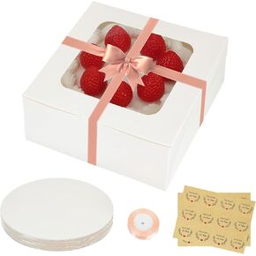 30pcs Cake Boxes and 30 Pack 10 Inch Round Cake Boards,10x10x5 Inches White Square Bakery Boxes with Window Cajas Pasteles for Cake Cookies Pies Cupcakes Pastry