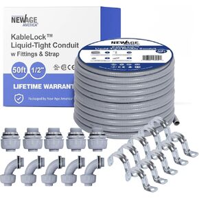 New Age America® 1/2" - 50FT KableLock™ Liquid-Tight Flexible Conduit | Non Metallic | 1/2" - 50FT | 5pc Straight + 5pc Angle Fittings + 10pc Pipe Support Strap | UL Certified | Waterproof Conduit