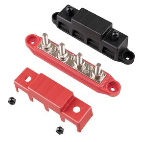 Bus Bar Terminal Block 12v, 250A Battery Bus Bar, 4 x 3/8" Posts 3 x #8 Screws, Battery Distribution Block for Automotive and Solar Wiring (Pair, Red & Black)