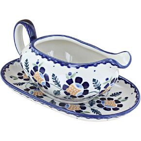 Blue Rose Polish Pottery Prairie Garden Gravy Boat & Plate