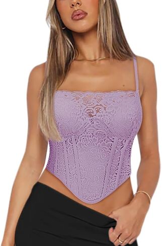 REORIA Womens Trendy Sexy Lace Strap Zip Back Going Out Boned Bustier Corset Tank Top With Built In Bra in Saudi Arabia