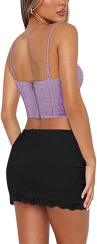 REORIA Womens Trendy Sexy Lace Strap Zip Back Going Out Boned Bustier Corset Tank Top With Built In Bra in Saudi Arabia