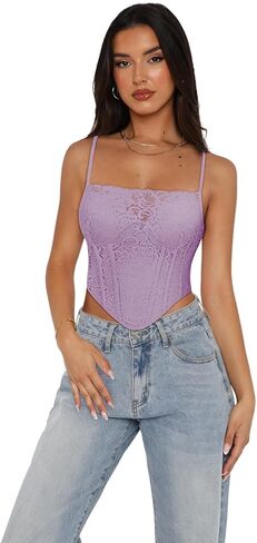 REORIA Womens Trendy Sexy Lace Strap Zip Back Going Out Boned Bustier Corset Tank Top With Built In Bra in Saudi Arabia