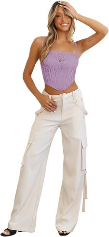 REORIA Womens Trendy Sexy Lace Strap Zip Back Going Out Boned Bustier Corset Tank Top With Built In Bra in Saudi Arabia